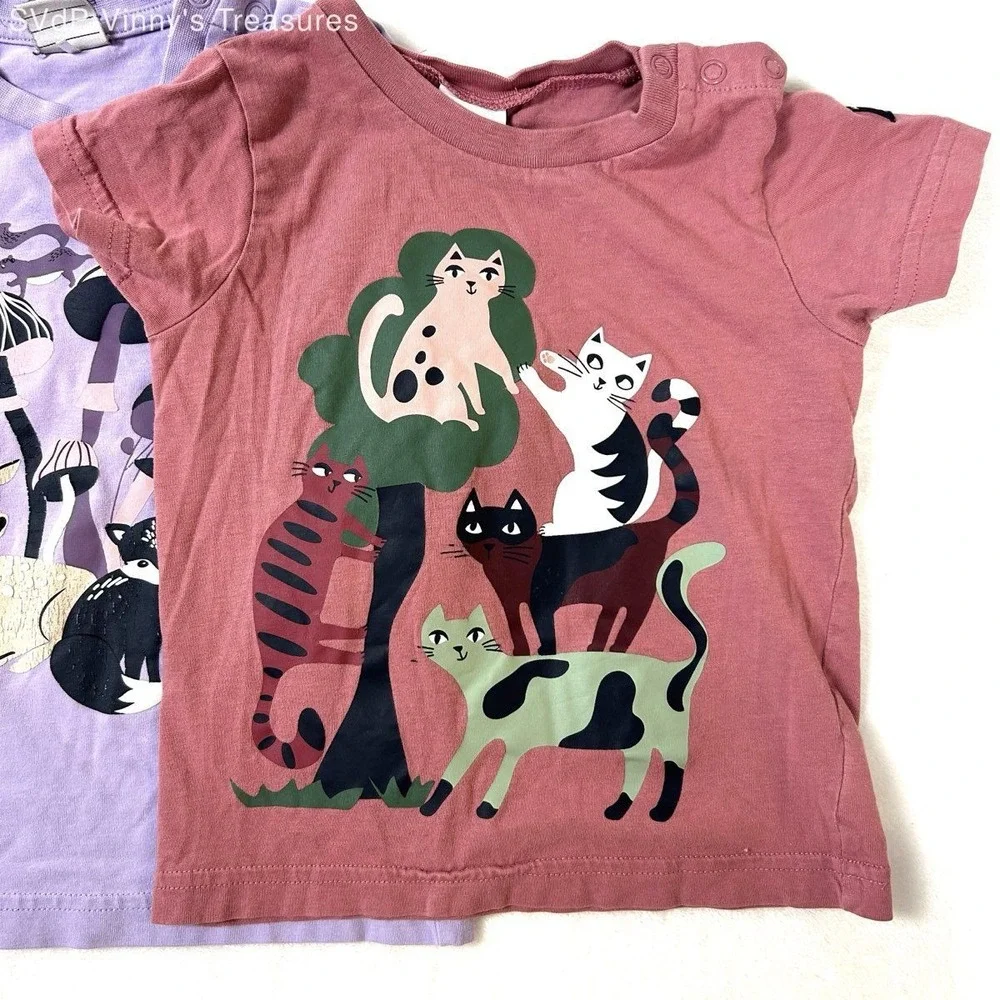 Polarn O. Pyret Girls Purple Pink Organic Cotton Woodland Cat T-shirts 2pk 86 92